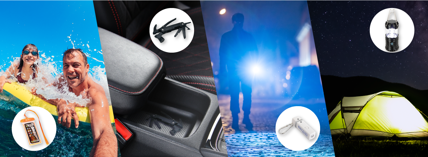 Two people swimming with a phone pouch to keep their phone dry. A tent with a lantern.