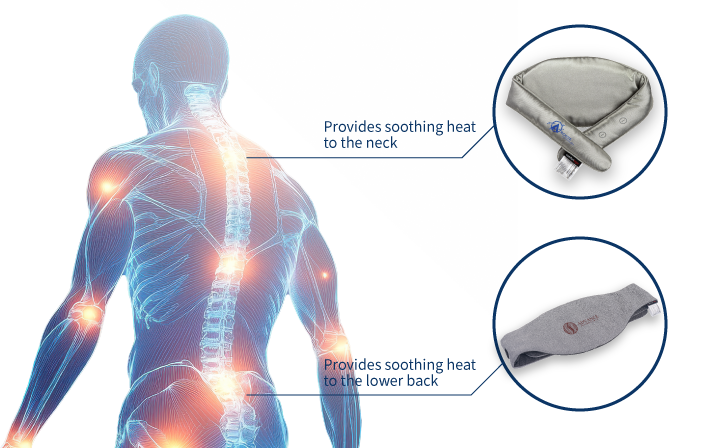 Woman using small massage gun on shoulders