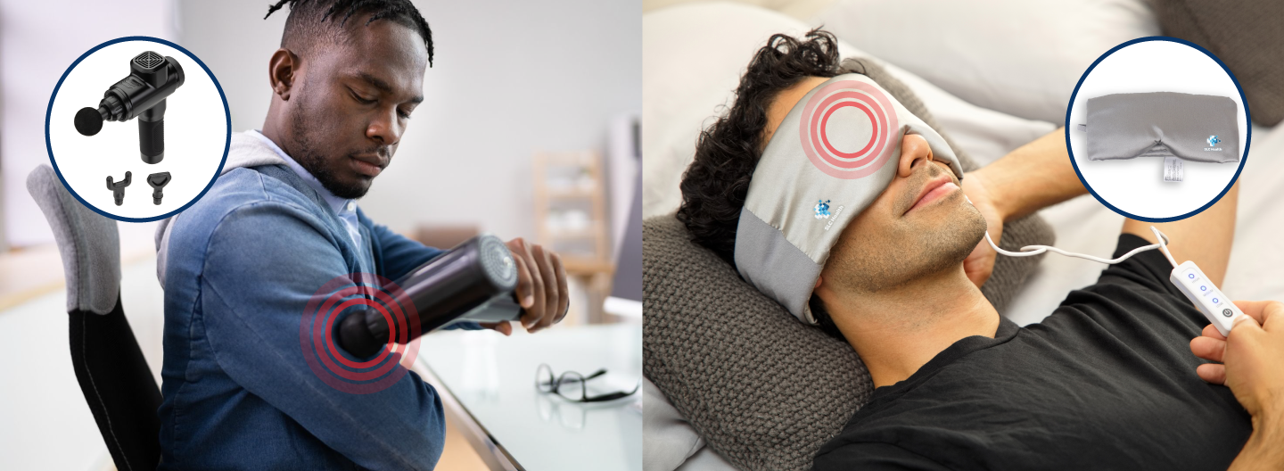 Woman resting with head on cushion and woman applying massage gun to arm