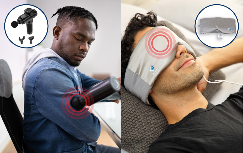 Woman resting with head on cushion and woman applying massage gun to arm