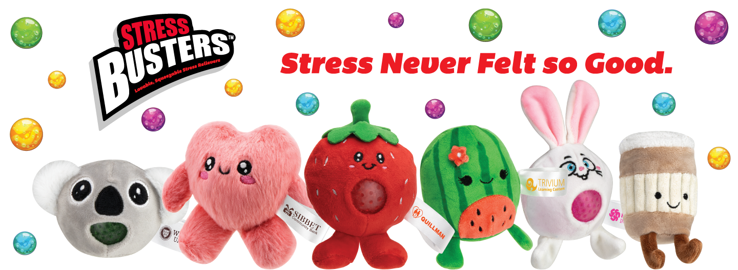 Collection of stress busters including alligator, puffer fish, strawberry, earthball, zebra unicorn, and peach