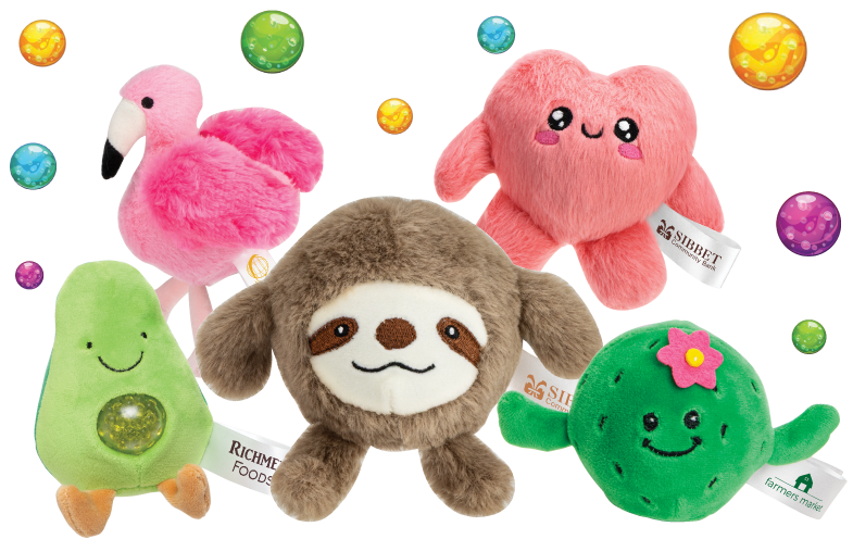 Stress buster collection with earth ball, strawberry, penguin, black cat, and whale