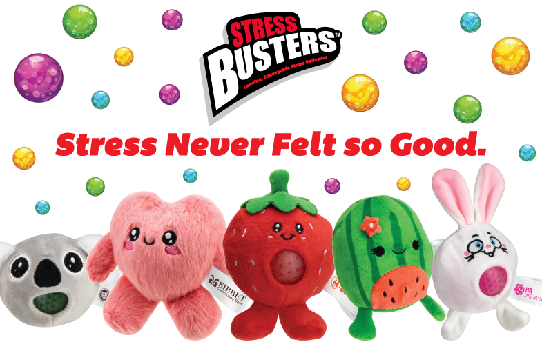 Collection of stress busters including alligator, puffer fish, strawberry, earthball, zebra unicorn, and peach