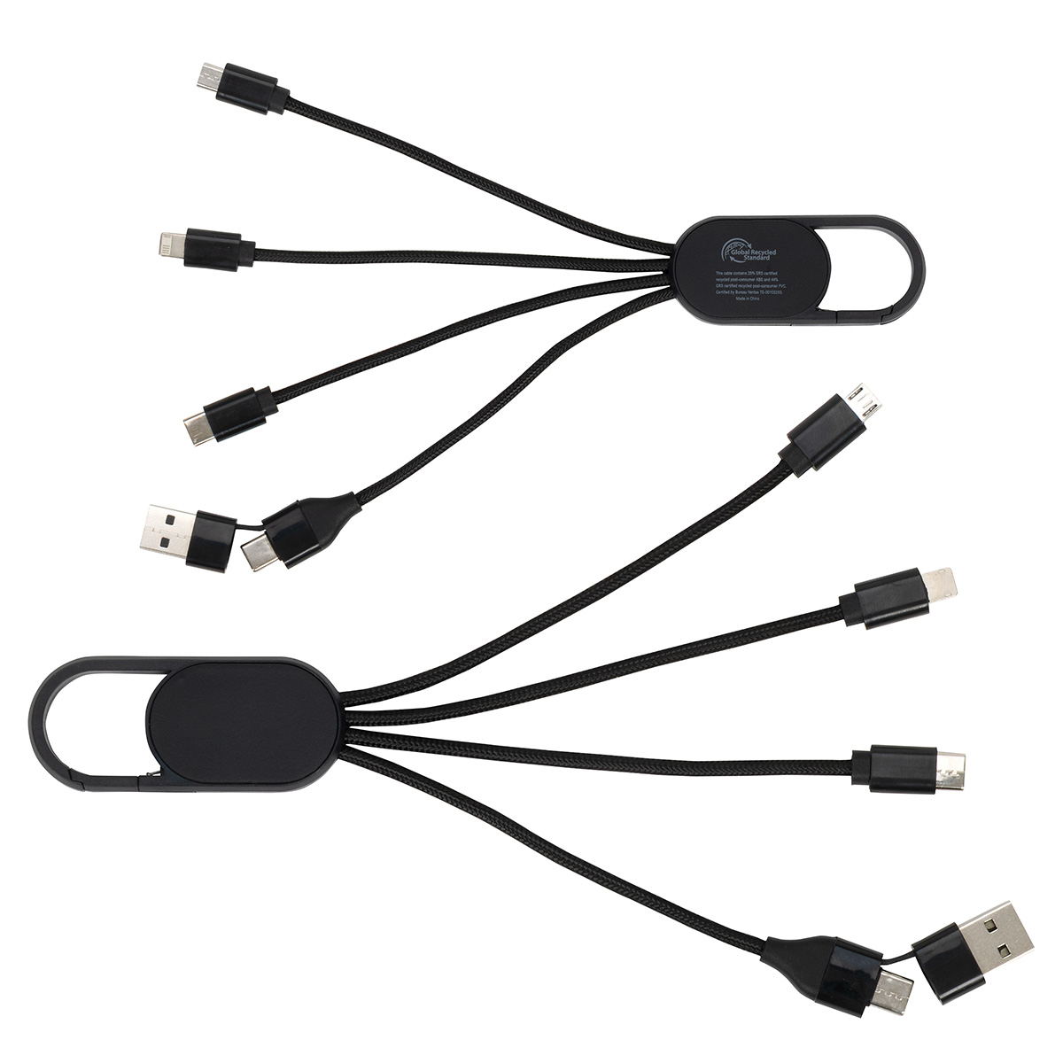 Hex 6-in-1 Light-Up Charging Cable with Carabiner Clip and Recycled Casing — Black