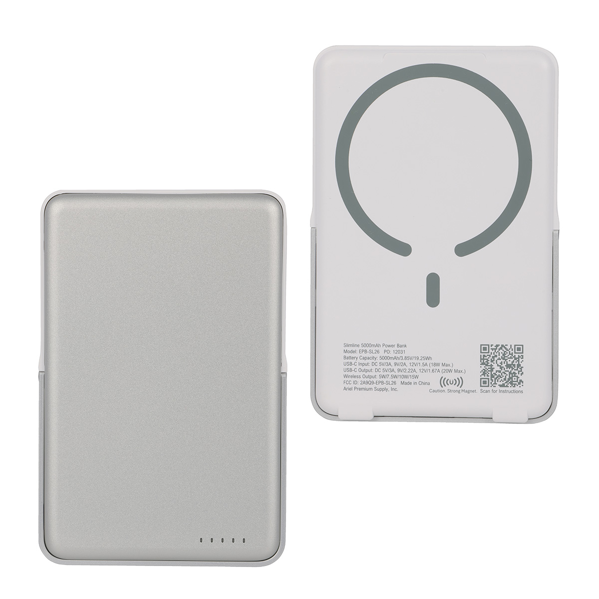 Slimline 5000mAh 20W PD Aluminum Power Bank with 15W Magnetic Wireless Charger & Stand