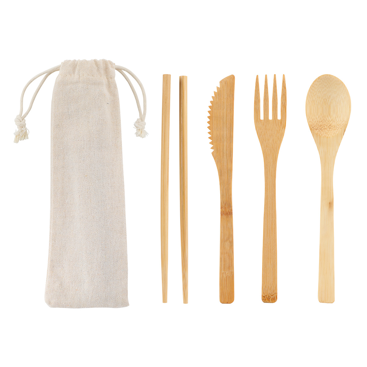 Bamboo Cutlery Set In Cotton Drawstring Pouch